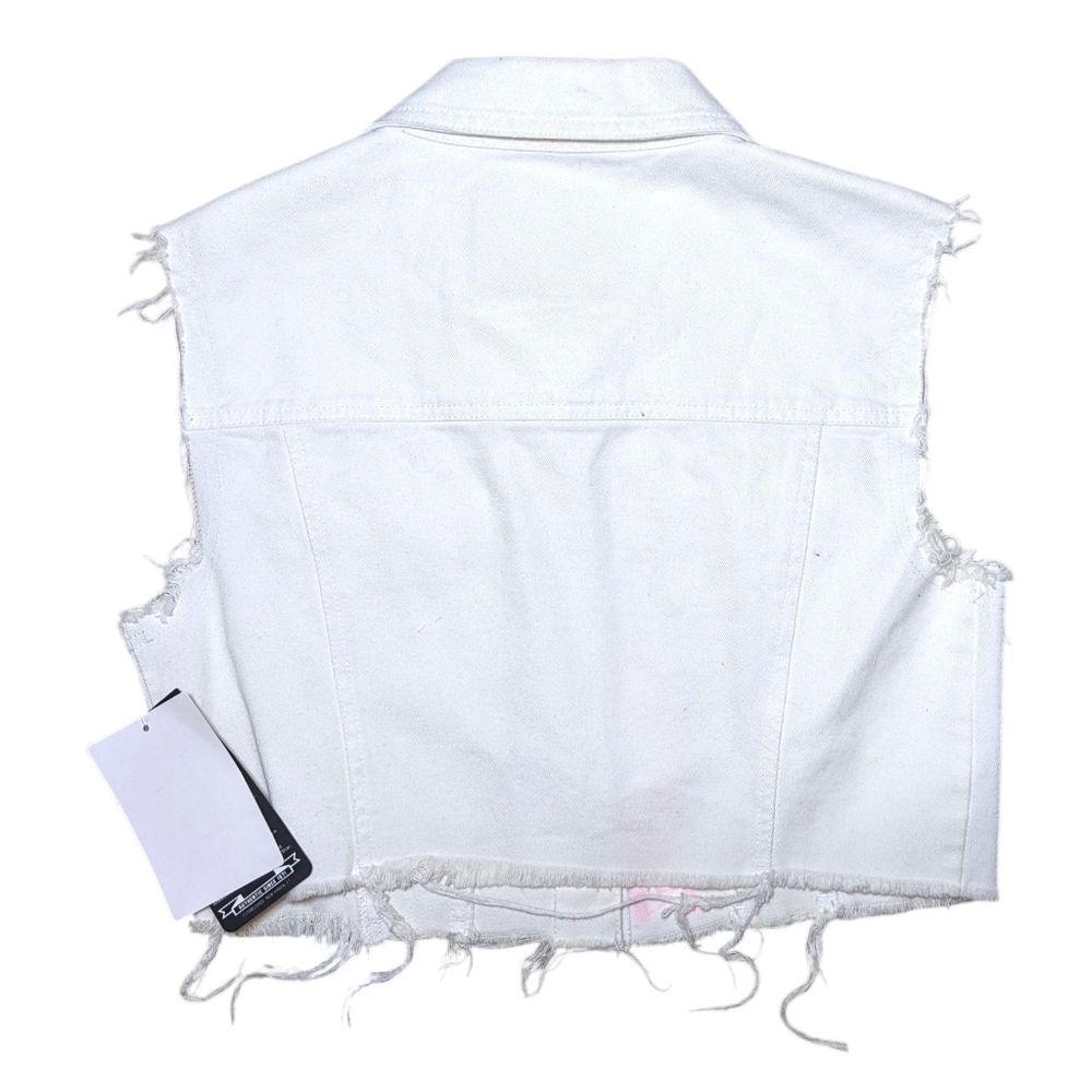 Starter Black Label | Crop White Denim Sleeveless Frayed Vest Women's Size Small - Picture 2 of 5